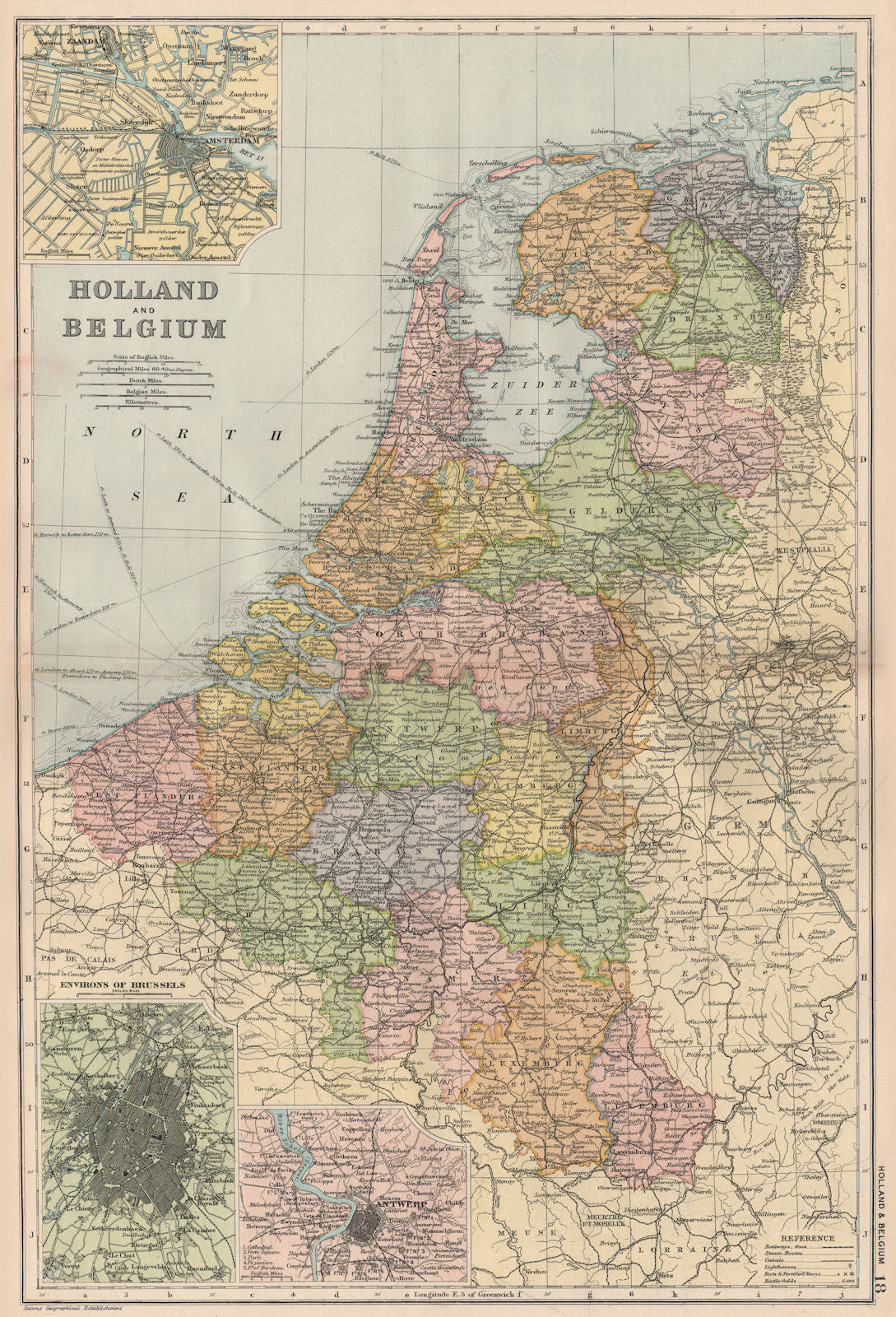 BENELUX. Holland and Belgium. Inset Amsterdam Brussels Antwerp. BACON 1893 map